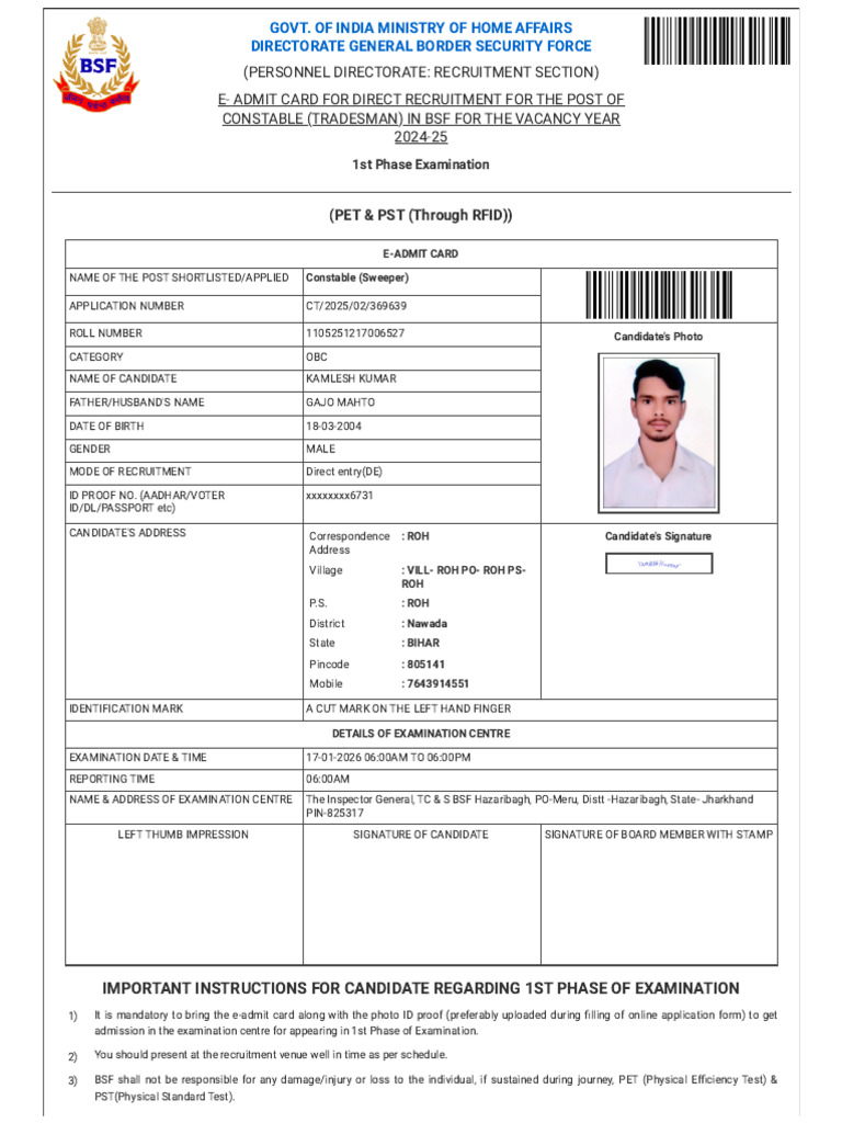 Rectt - Bsf.gov - in Applicant Print-Card Id 4667601 | PDF | Government ...