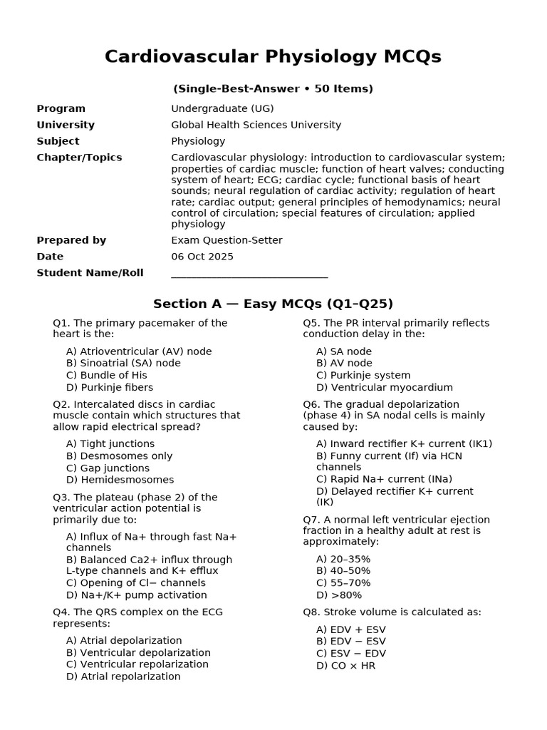 4.cardiovascular Physiology MCQs | PDF | Heart | Heart Valve