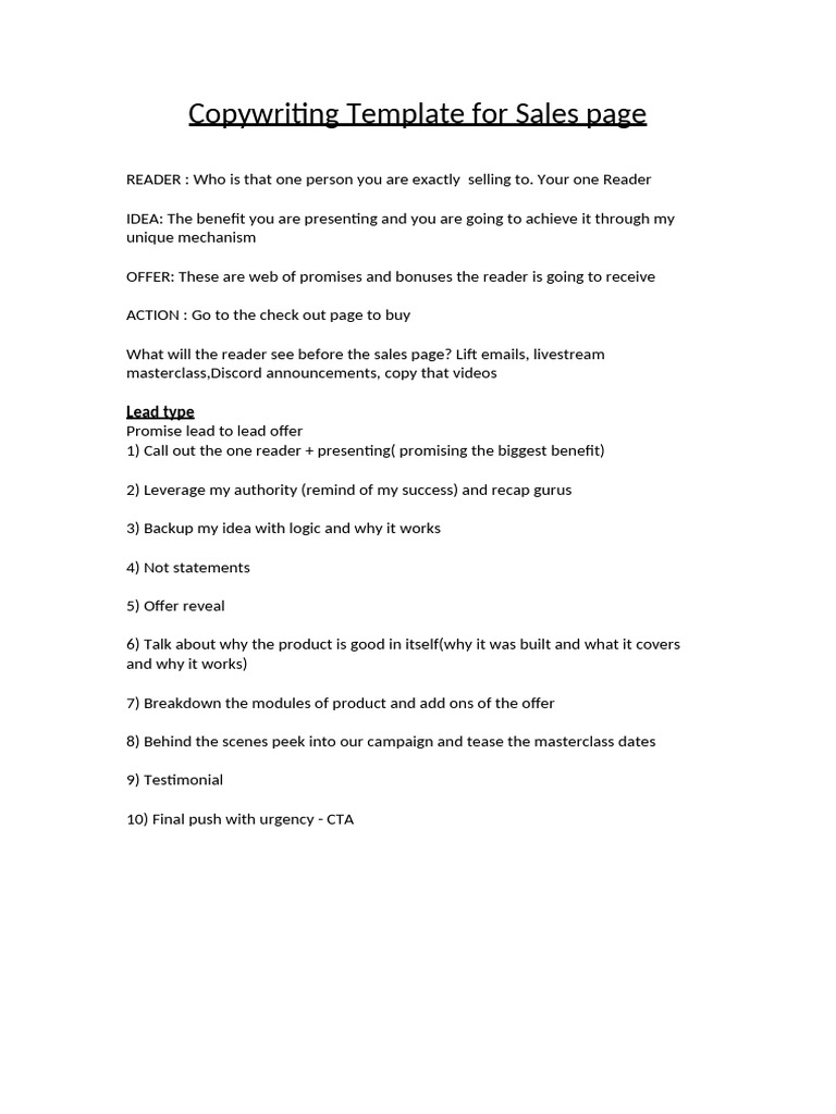Copywriting Template For Sales Page | PDF
