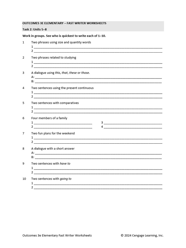 Outcomes3e Elementary StudentWorksheets FastWriter Task02 | PDF