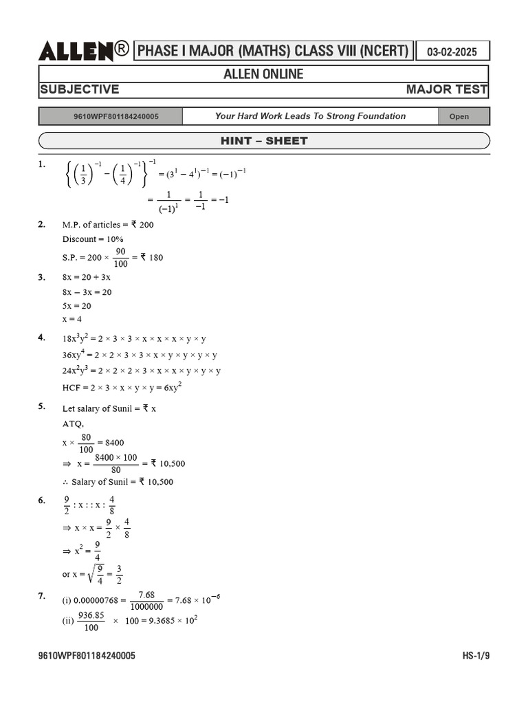 03-02 Major+Test-1 Maths CL-08 Solution | PDF | Volume | Quantity