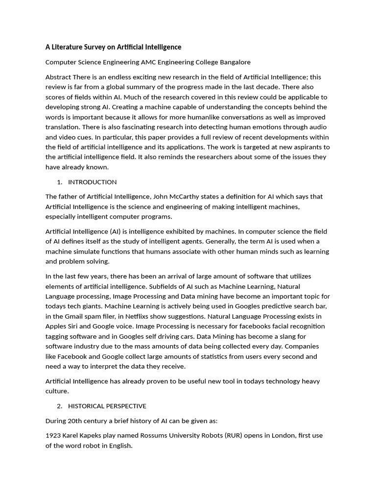 A Literature Survey On Artificial Intelligence | PDF | Artificial ...