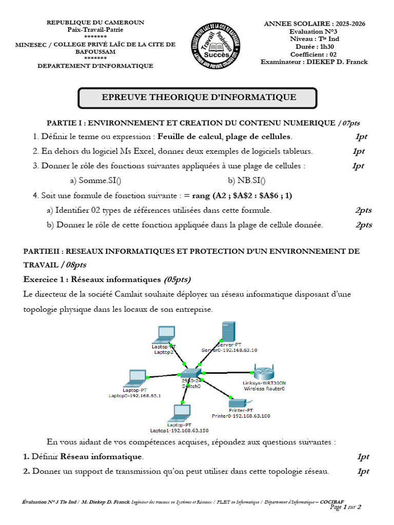 Evaluation 3 Tle Ind | PDF | Informatique | Feuille de calcul