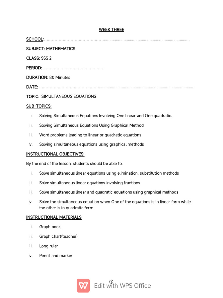 Mathematics Lesson Note Week 3-WPS Office | PDF | Equations | Quadratic ...