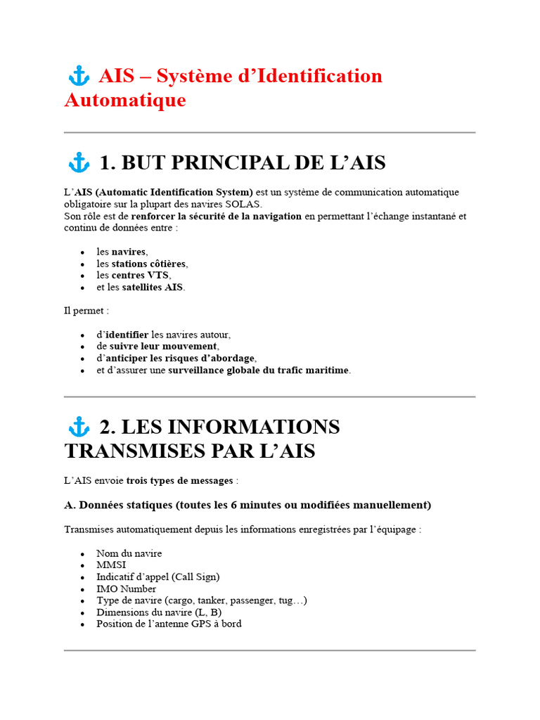AIS - Système D'identification Automatique: 1. But Principal de L'Ais ...
