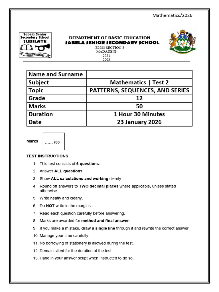 Test 2 Mathematics Grade 12 | PDF | Discrete Mathematics | Numbers