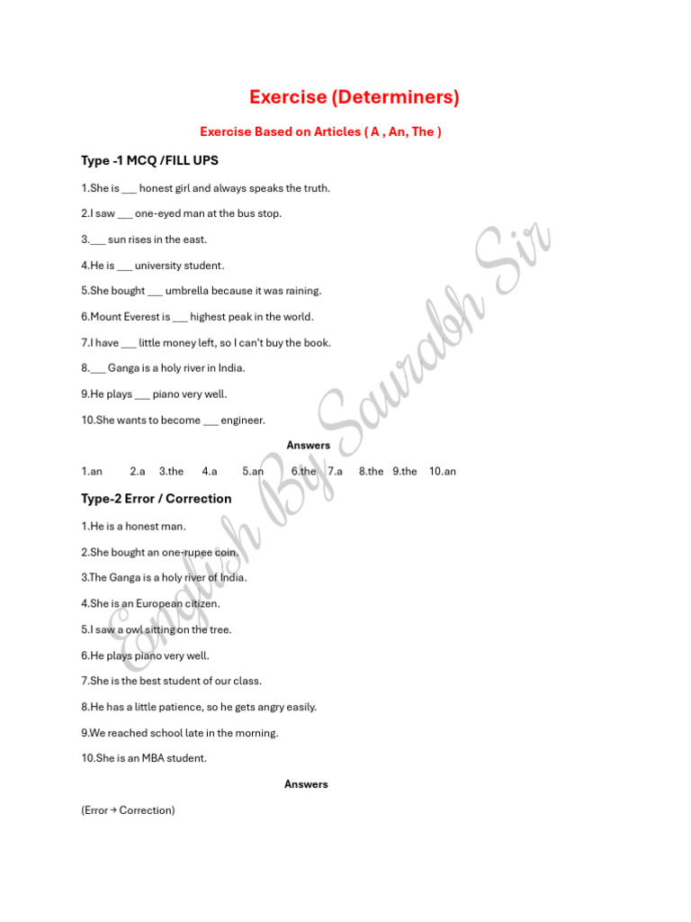 Determiners (PYQs Exercise+Competency Focused Exercise) | PDF | Chess ...