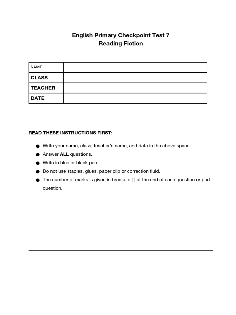 English Primary Checkpoint Test 7 Reading Fiction | PDF | Linguistics