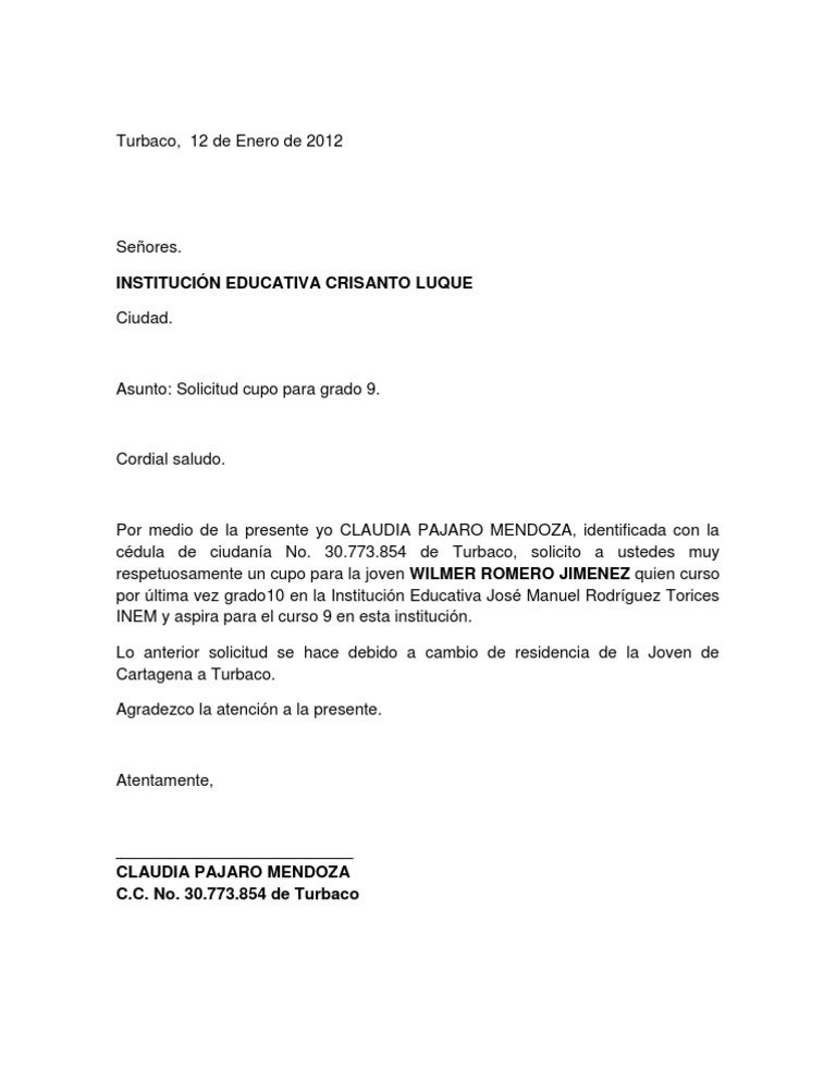 Carta Solicitud Cupo Academico