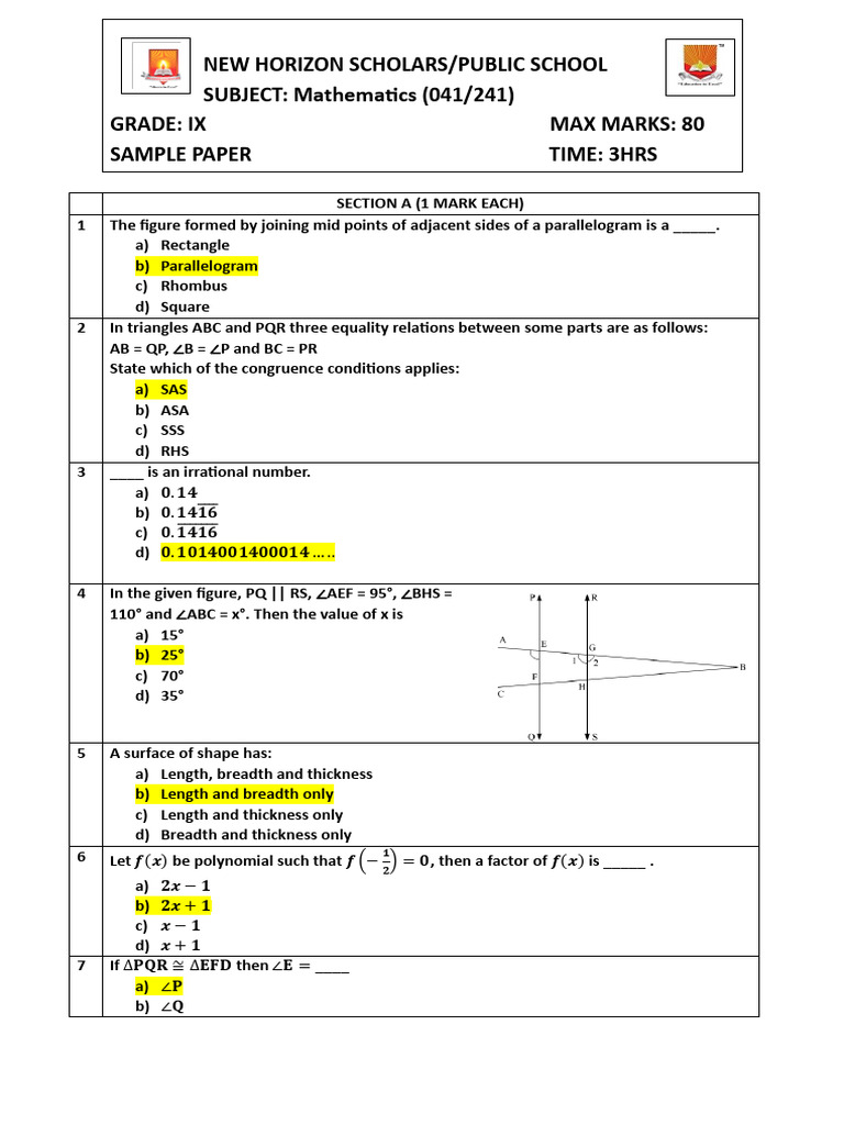 Ix Practice Worksheet Term 1 Answer Key (1) - 1 | PDF | Triangle | Area