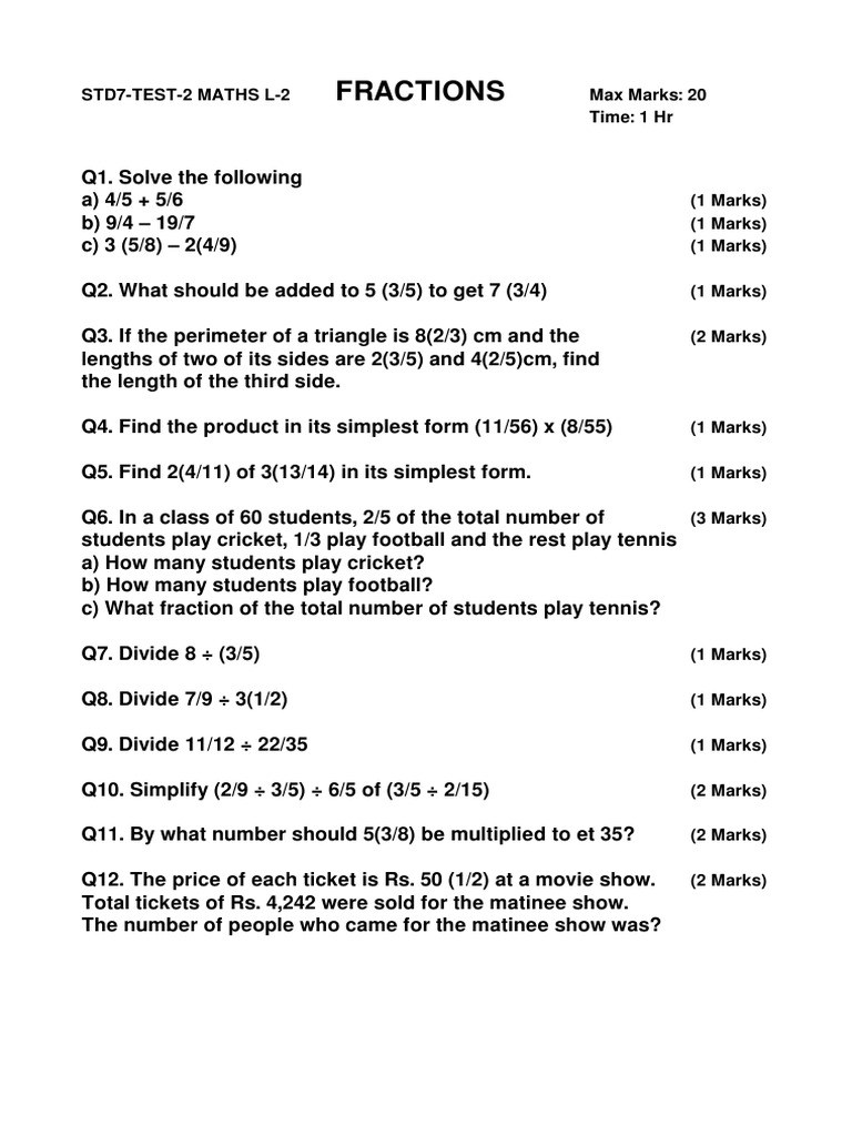 Std7-Test-2 Maths L-2 Fractions | PDF