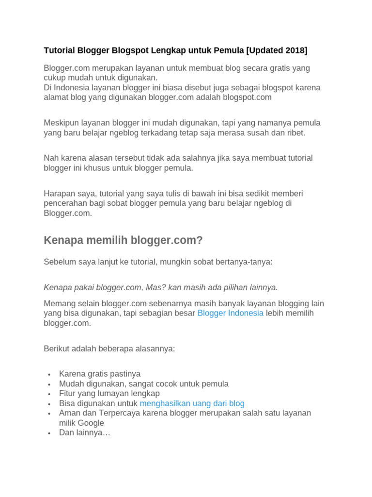 Tutorial Blogger Blogspot Lengkap Untuk Pemula (Updated 2018) | PDF