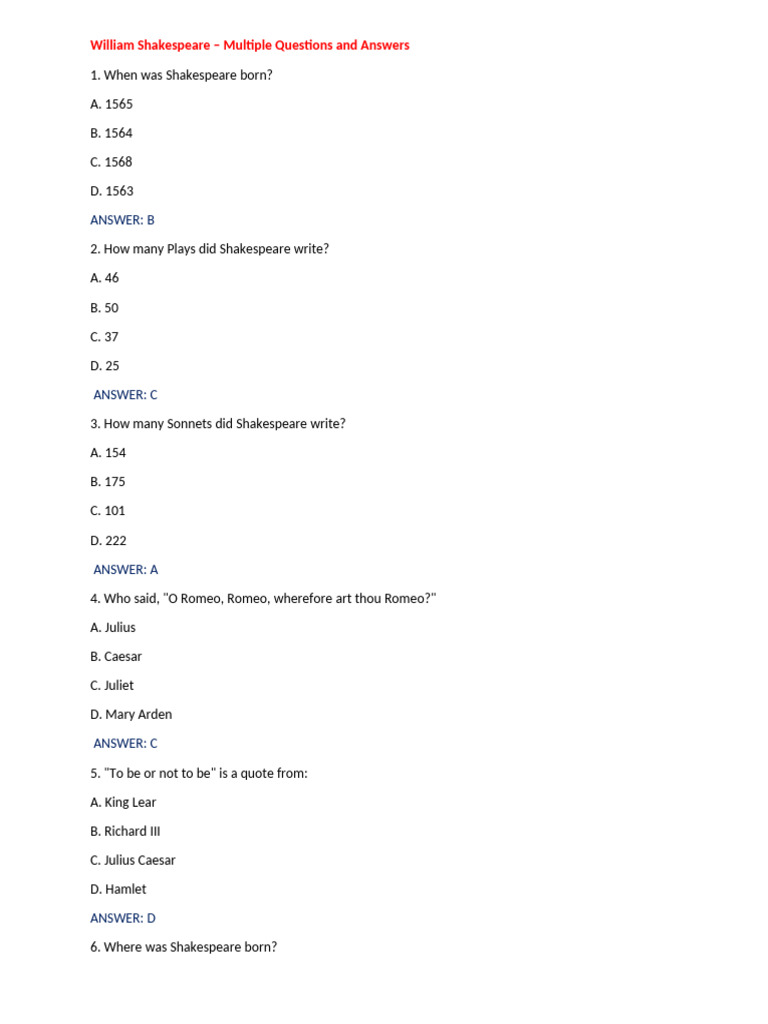 William Shakespeare Questions | PDF | William Shakespeare