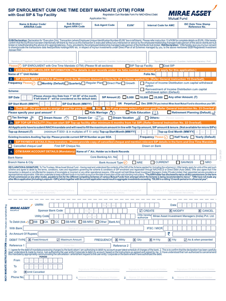 Sip Enrolment Cum One Time Debit Mandate (Otm) Form | PDF | Banks ...