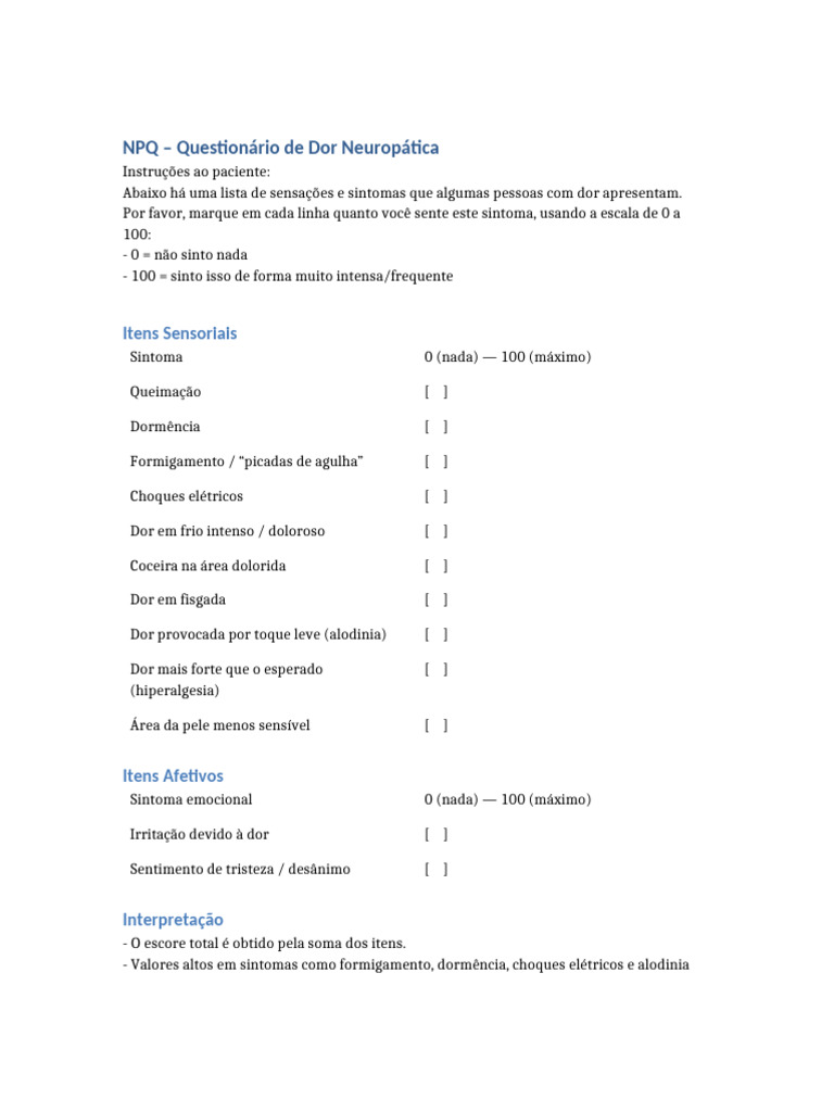 NPQ Questionario Dor Neuropatica | PDF