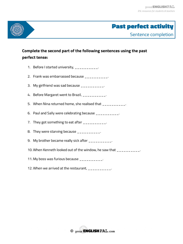Your English Pal Grammar Worksheet Past Perfect Activity Sentence ...