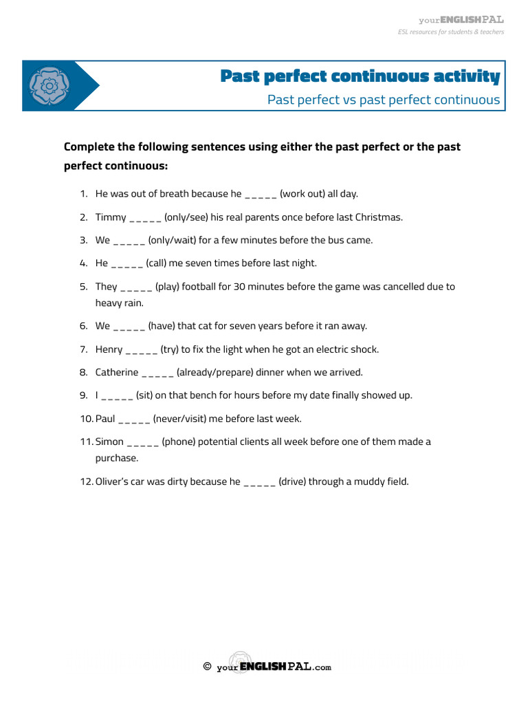 Your English Pal Grammar Worksheet Past Perfect Continuous Activity ...