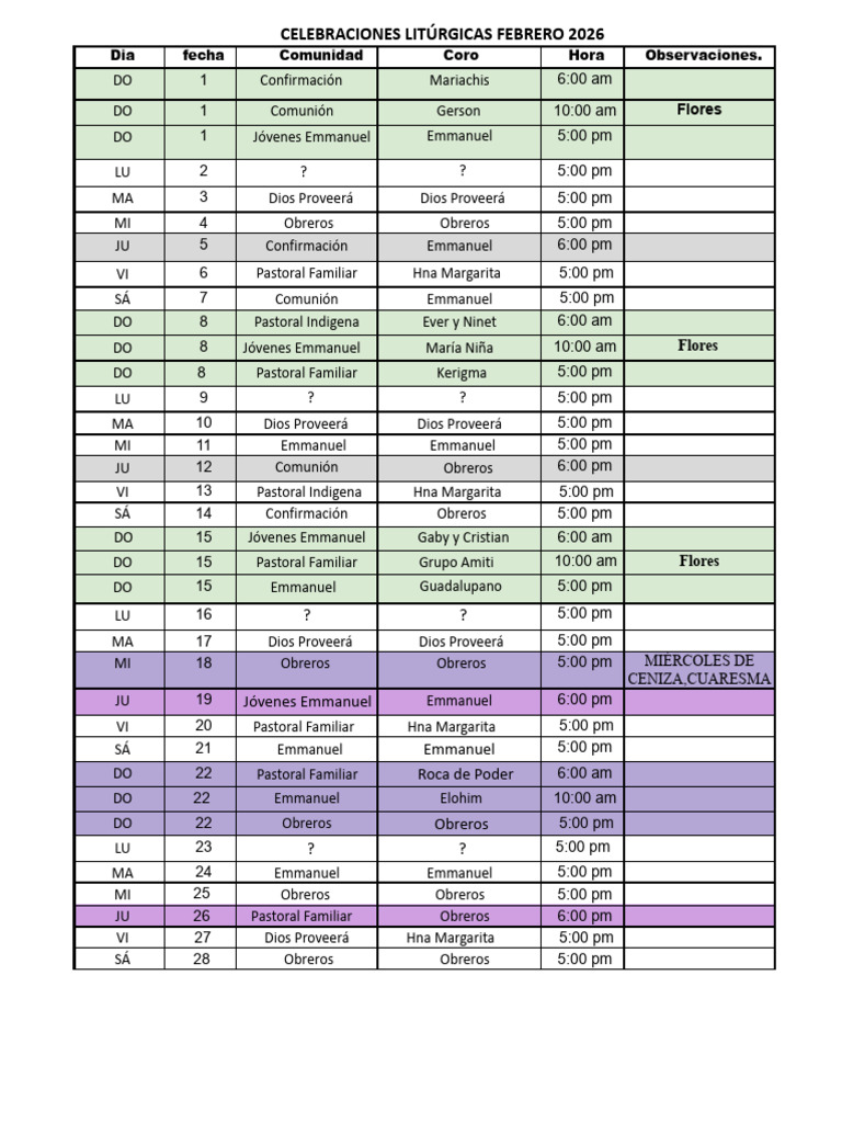 Calendario de Liturgia 2026 FEBRERO. | PDF | Adoración Cristiana Y Liturgia