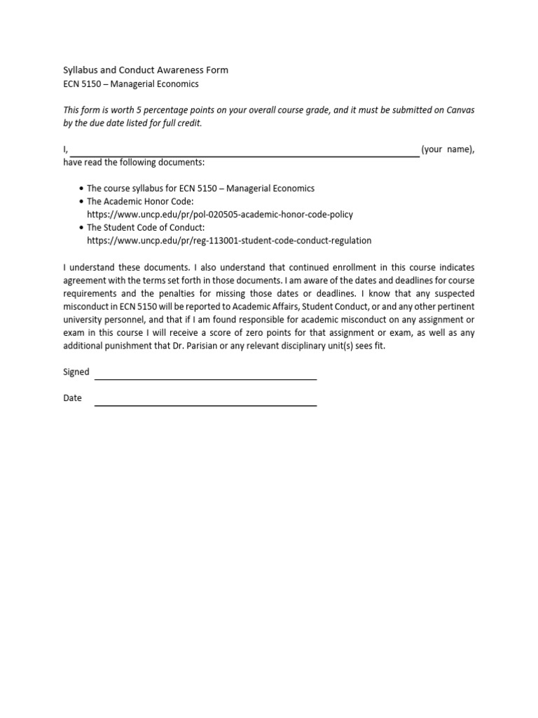 ECN 5150 - Syllabus and Conduct Awareness Form | PDF
