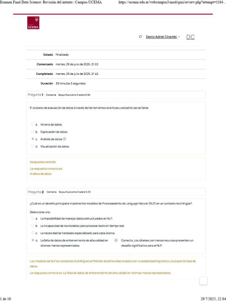 Examen Final Data Science - Revisión Del Intento - Campus-UCEMA | PDF