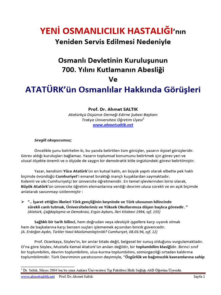 Ahmet Saltik - Ataturkun Osmanlilar Hakkinda Goruşleri | PDF