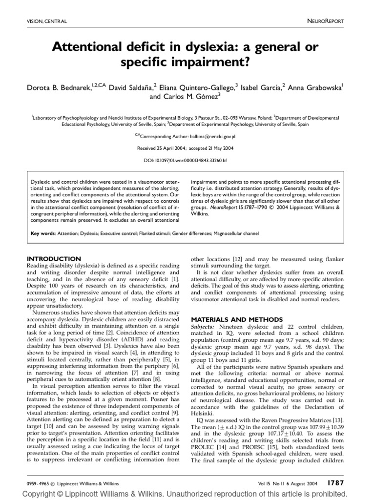 Attentional Deficit in Dyslexia A Genera | PDF | Attention | Mental ...