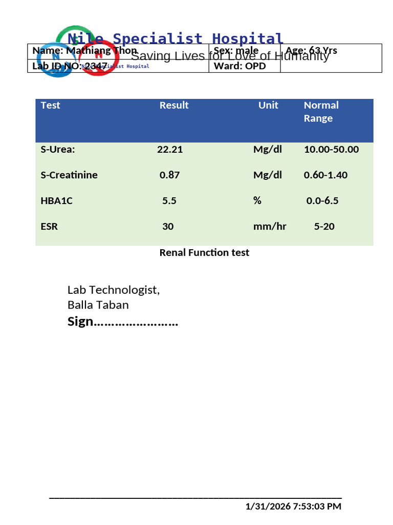 Renal Function Test | PDF