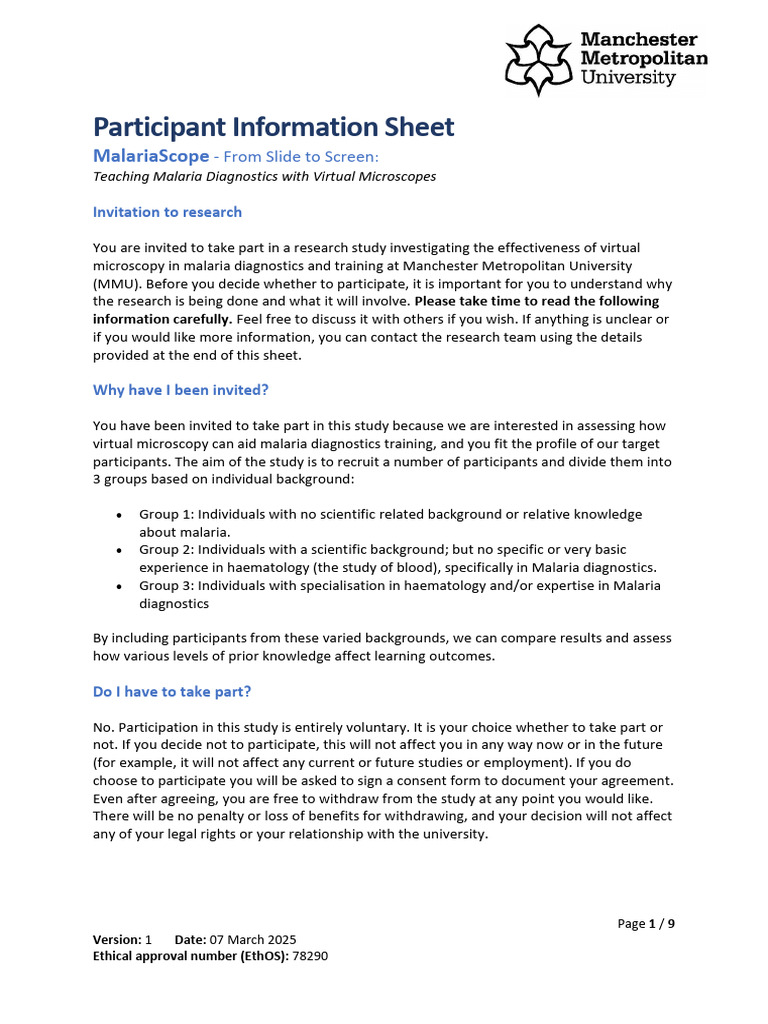Participant Information Sheet, Version 1. | PDF | Thesis | Malaria