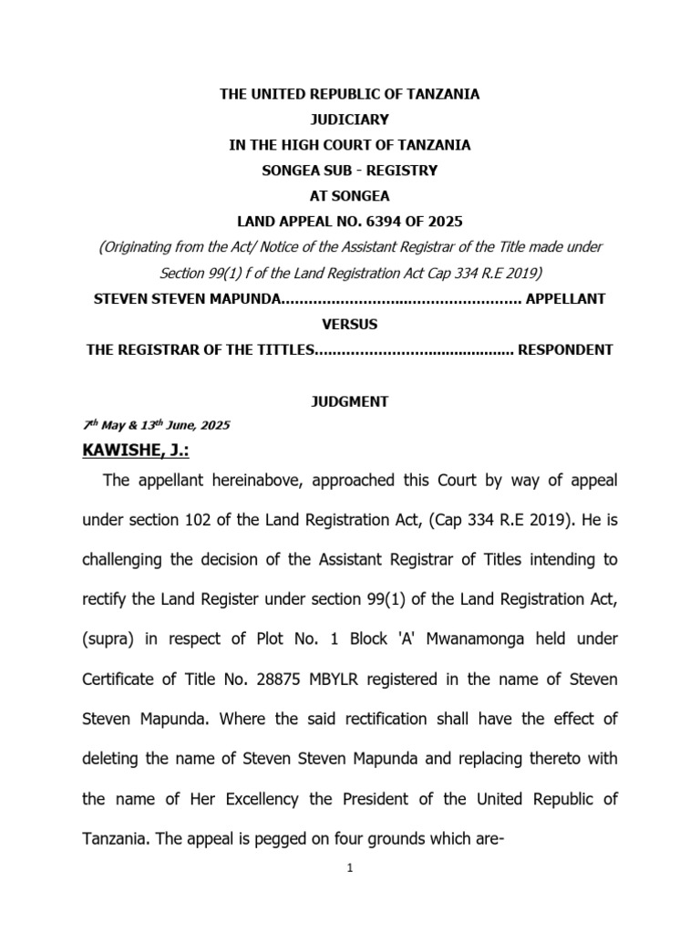 Steven Steven Mapunda Vs Registrar of The Tittles (Land Appeal No 6394 ...