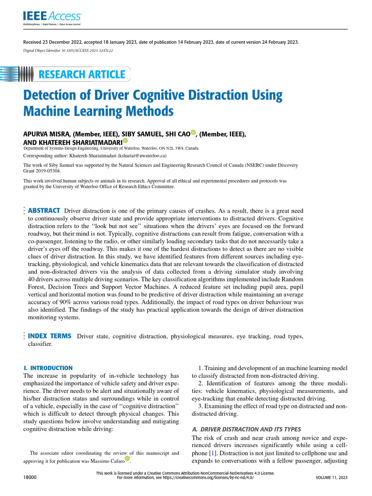 Detection of Driver Cognitive Distraction Using Machine Learning ...