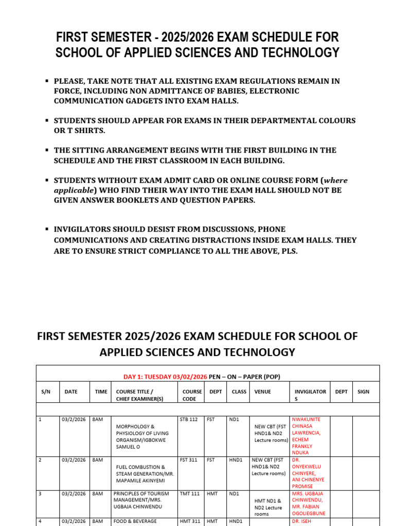 2025 - 2026 First Semester Exam Timetable Sast | PDF | Educational Stages