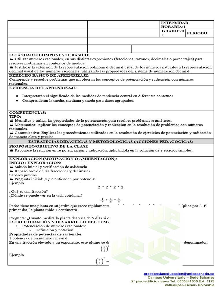 PLAN de CLASE 7 Aritmetica | PDF | Exponenciación | Número racional