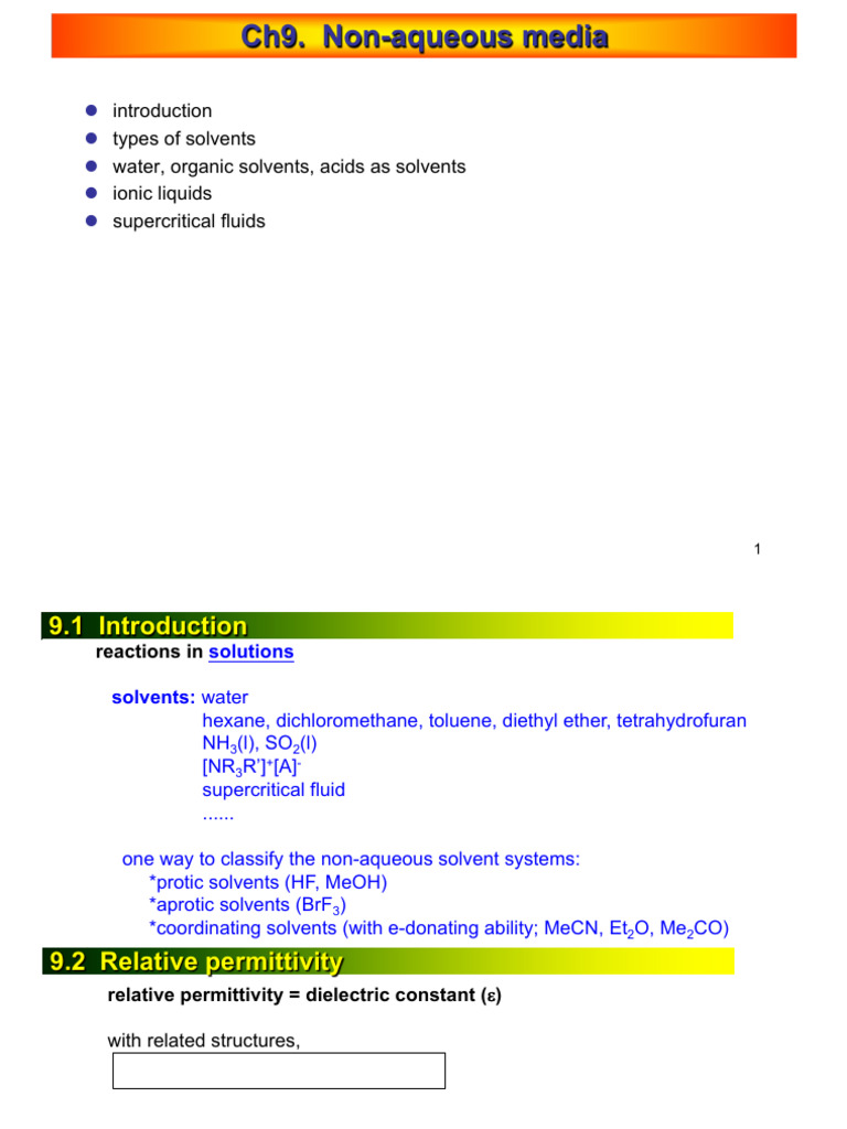 InorgChem Ch9 Non Aqueous Media | PDF | Solvent | Salt (Chemistry)