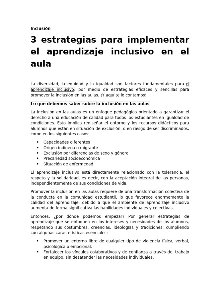 3 Estrategias Para Implementar El Aprendizaje Inclusivo en El Aula ...