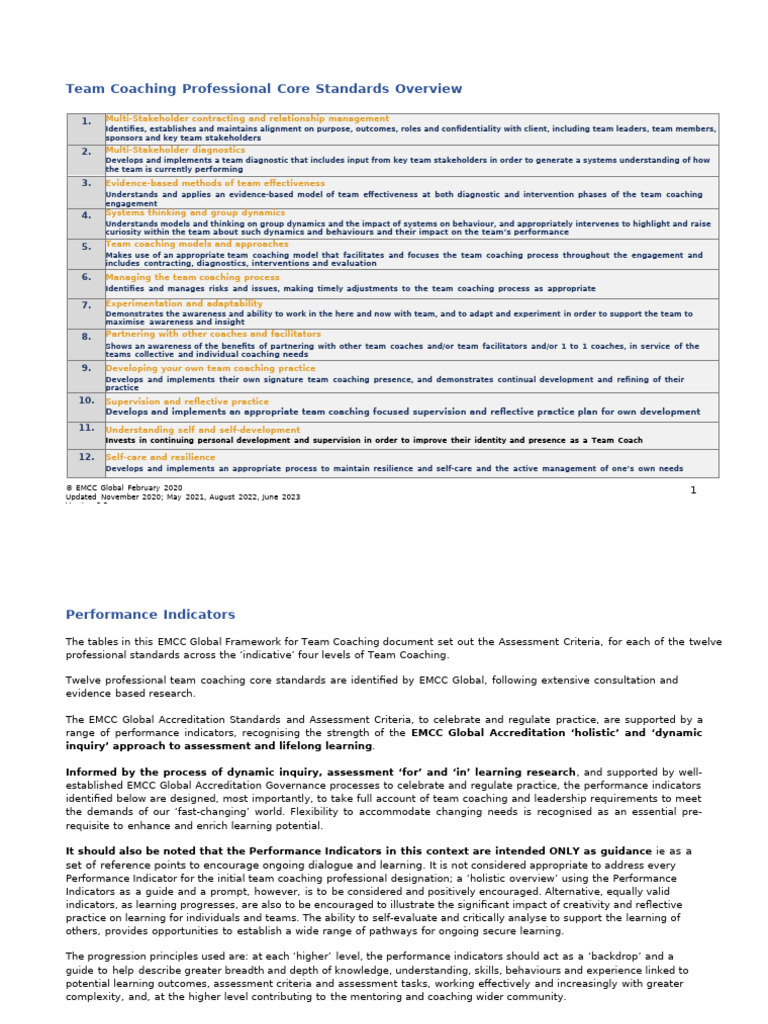 EMCC Team Professional Core Standards Competency Framework | PDF ...