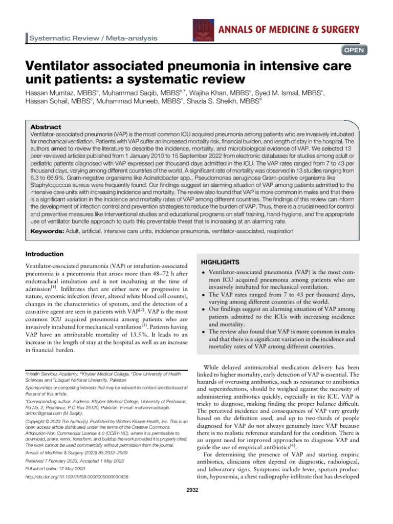 Ventilator Associated Pneumonia in Intensive Care.96 | PDF | Cohort ...