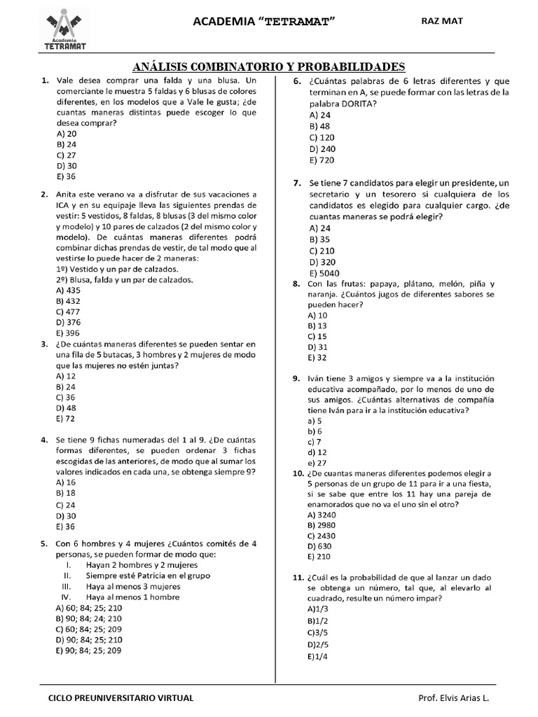 Tema 10 Rm - Analisis Combinatorio y Probabilidades | PDF
