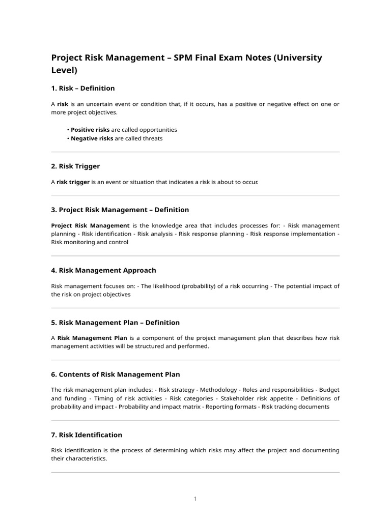 SPM - Project Risk Management (Final Exam Notes) | PDF | Risk | Risk ...