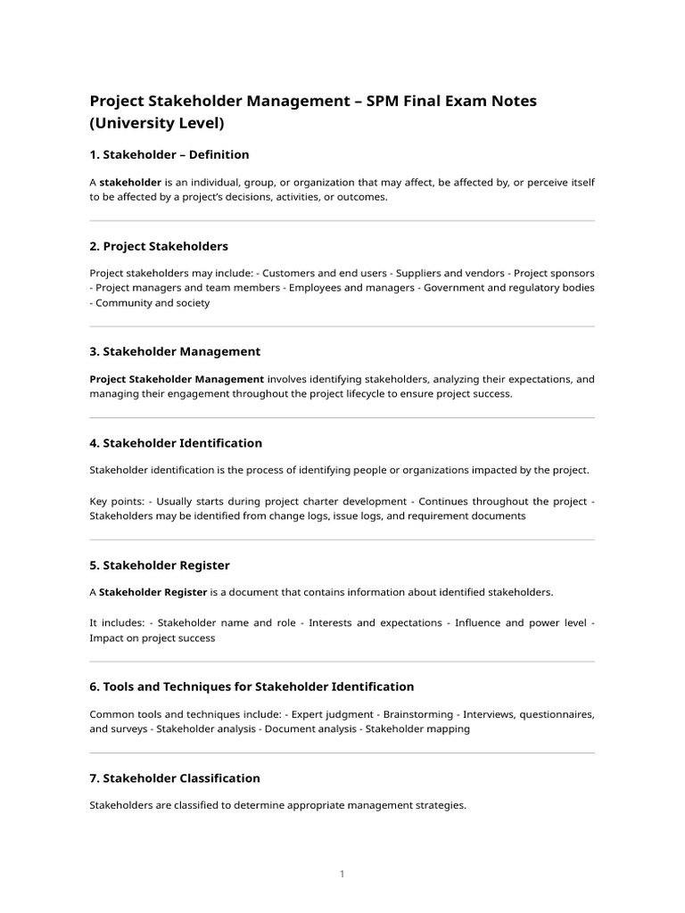 SPM - Project Stakeholder Management (Final Exam Notes) | PDF ...