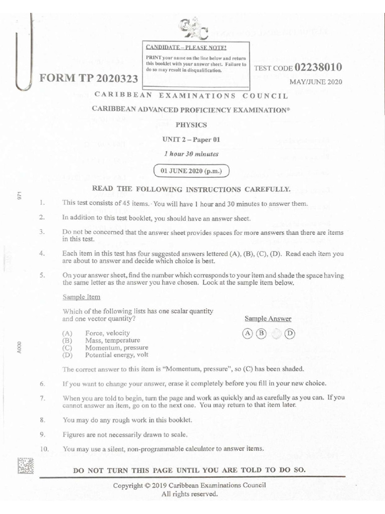 CAPE Physics Unit 2 Paper 1 - Compressed | PDF