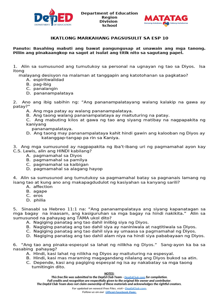 DTC - PT ESP 10 Q3 MELC With Key and TOS | PDF