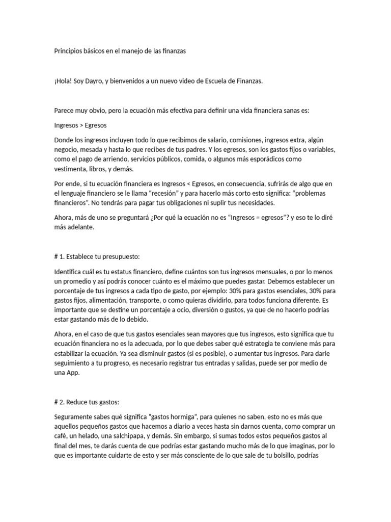 Principios Básicos en El Manejo de Las Finanzas | PDF | Economias | Dinero