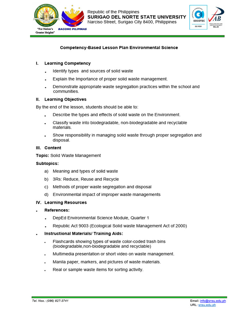 Competency Based Lesson Plan | PDF | Waste Management | Waste