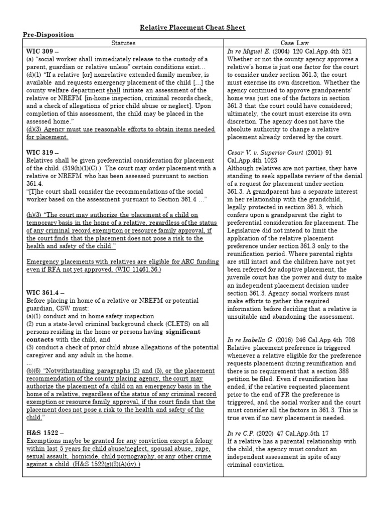 Relative Placement Cheat Sheet | PDF | Criminal Record | Child Abuse