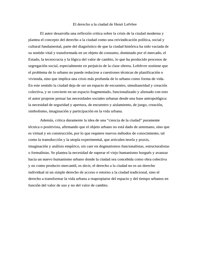 El Derecho a La Ciudad de Henri Lefvbre | PDF