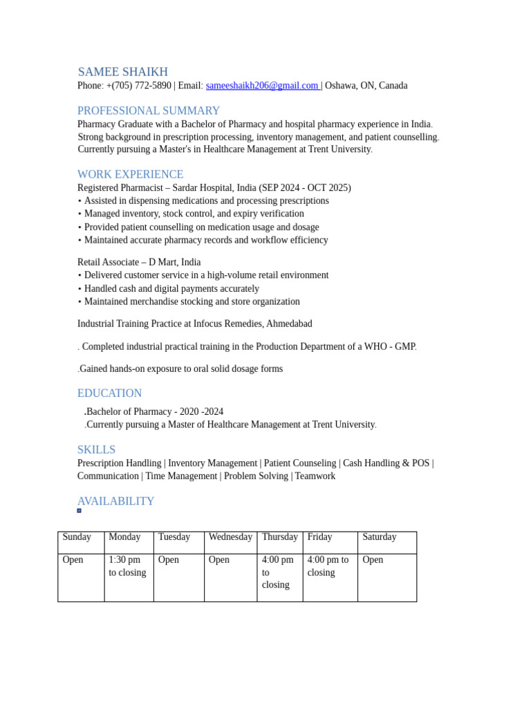 Samee Resume Canada | PDF