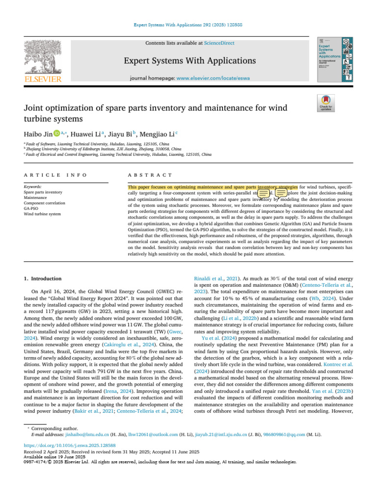 Joint Optimization of Spare Parts Inventory and Maintenance For Wind ...