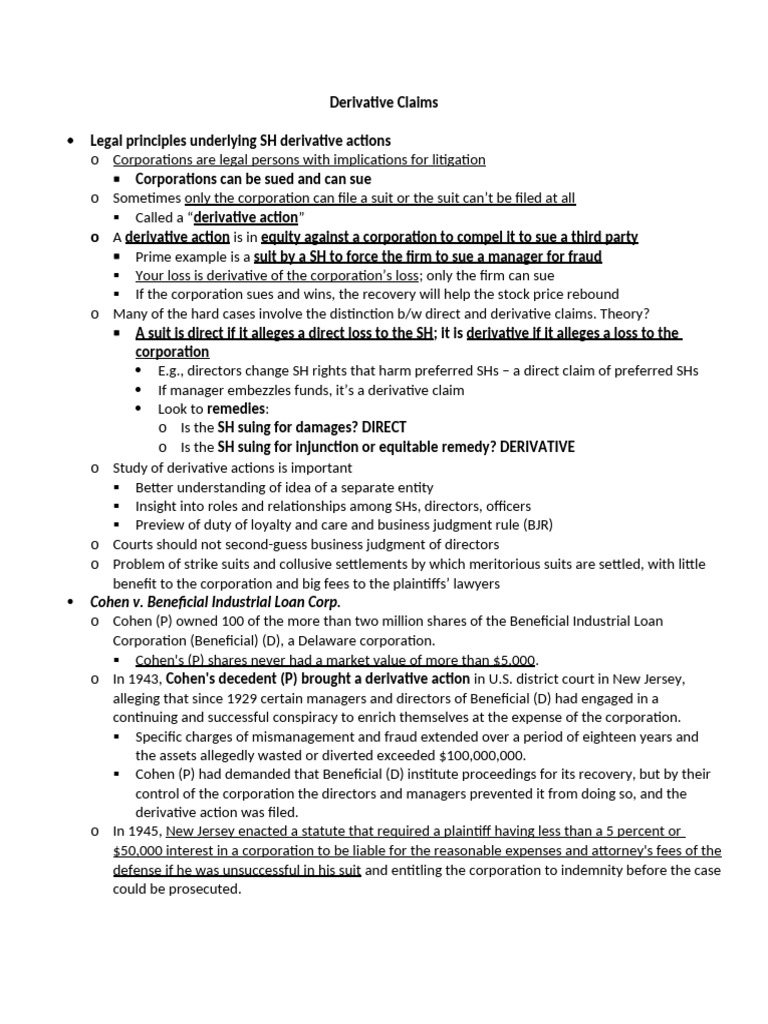 Derivative Claim Outline | PDF | Lawsuit | Legal Remedy