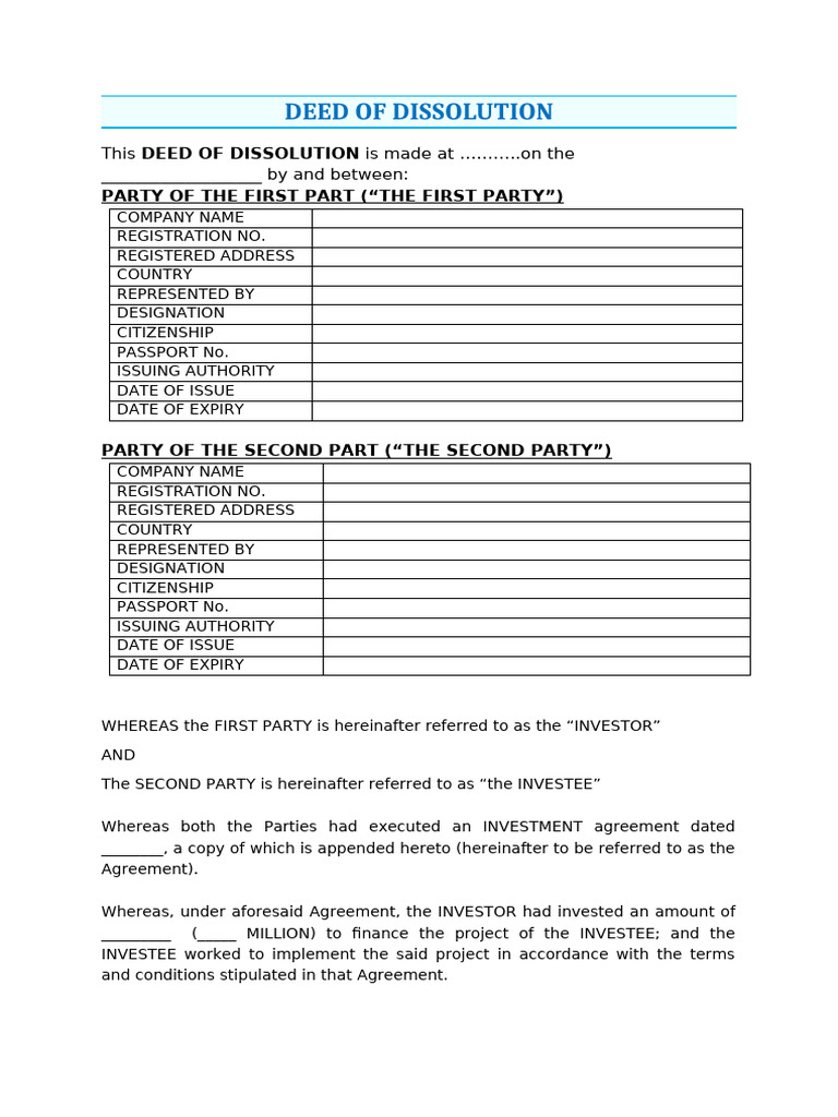 Deed of Dissolution v1 | PDF | Investing | Justice