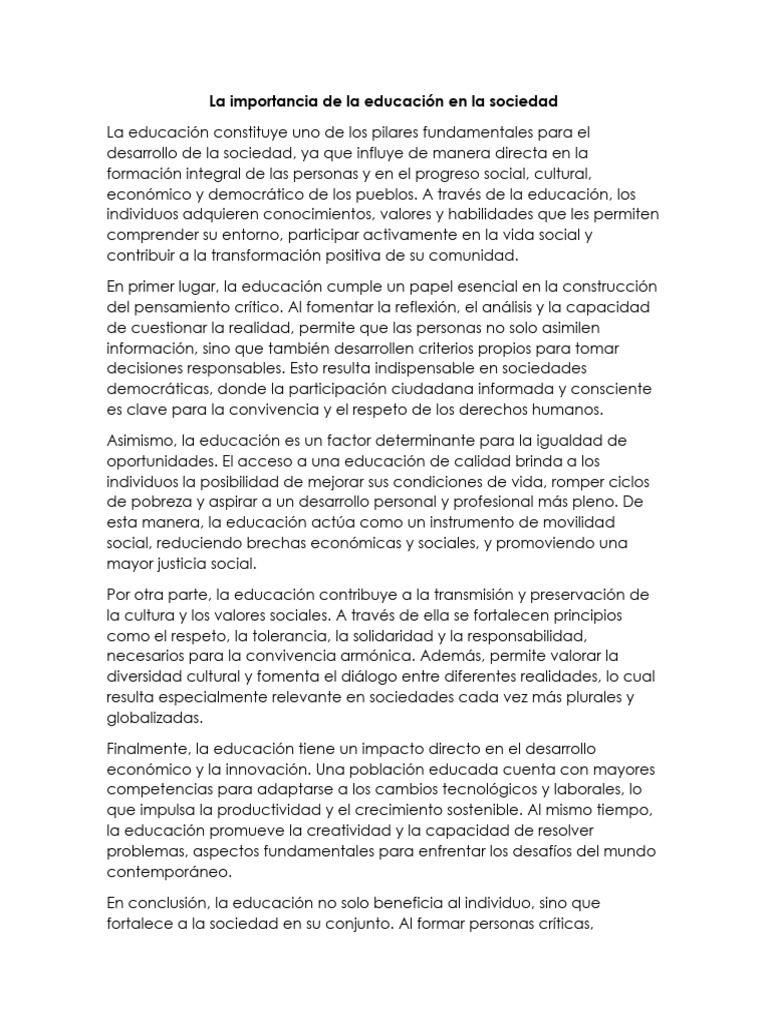 Importancia de La Educación en La Sociedad | PDF | Sociedad | Democracia
